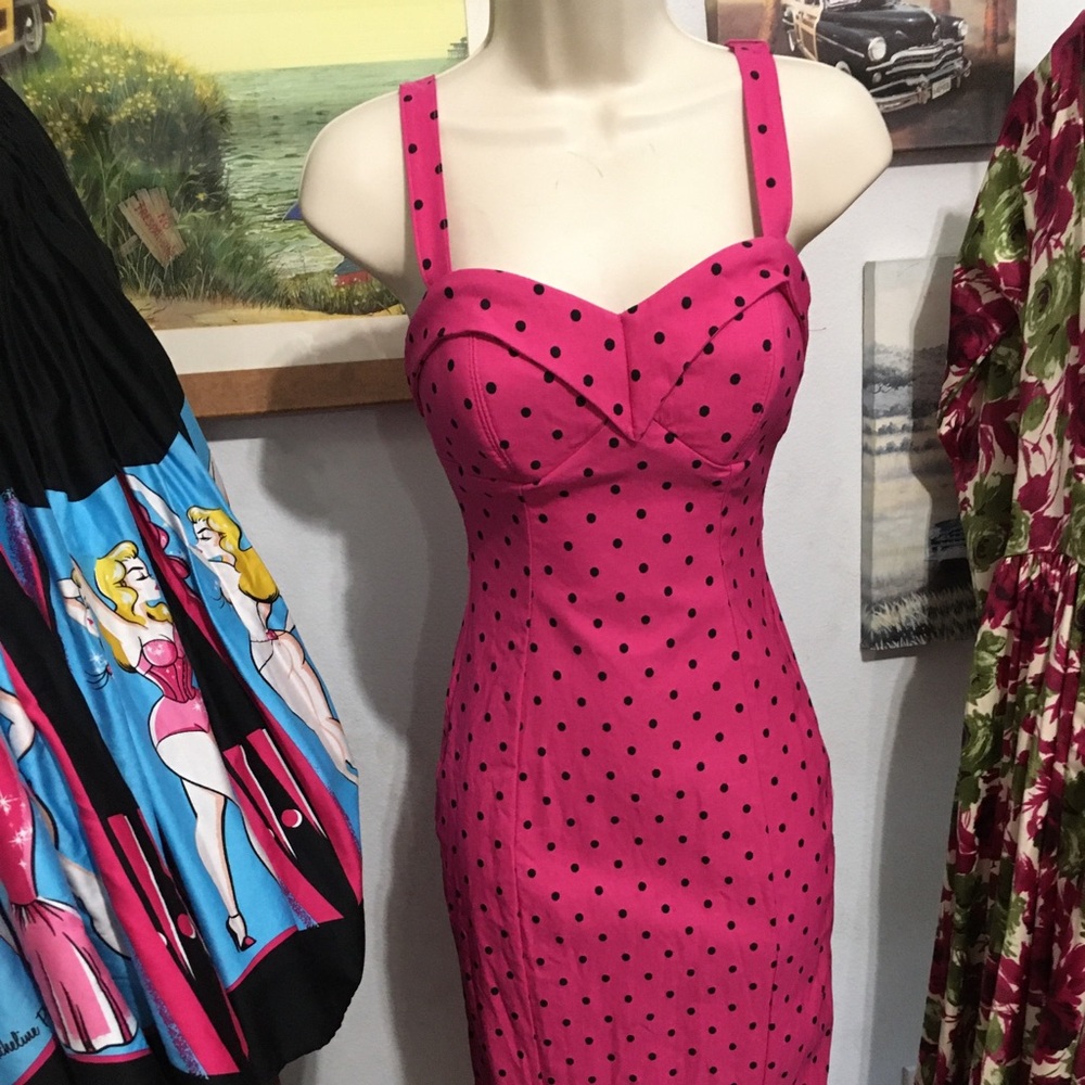 Vixen by Micheline Pitt Pink Polka Dot Wiggle Dress